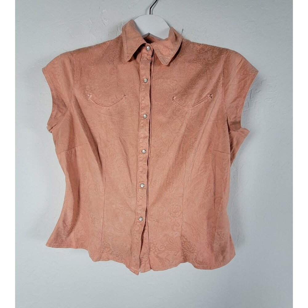 Outback Trading Co Women Peach Tooled Short Sleeve Button-Up Western Shirt Small